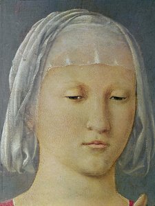 Jomfruen og barnet mellem to engle, kendt som Madonna af Senigallia detalje af Jomfruens hoved, c.1472 olie på træ